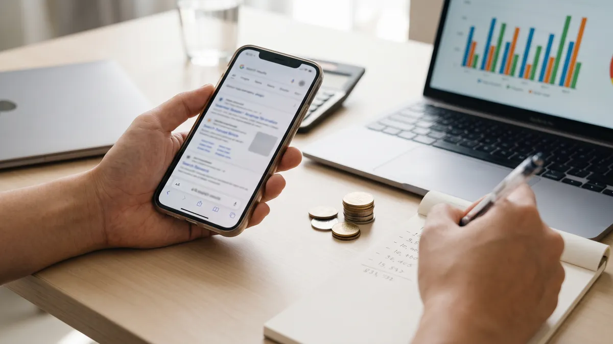 Marketer checking Google search ads on a phone while planning an ad budget