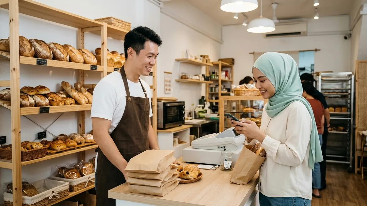 Bakery customer scanning a QR code to leave a Google review