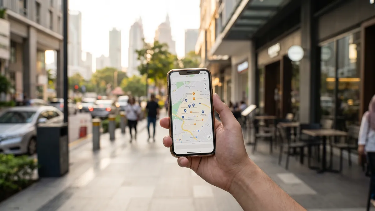 Smartphone showing a map with business locations on a Kuala Lumpur street