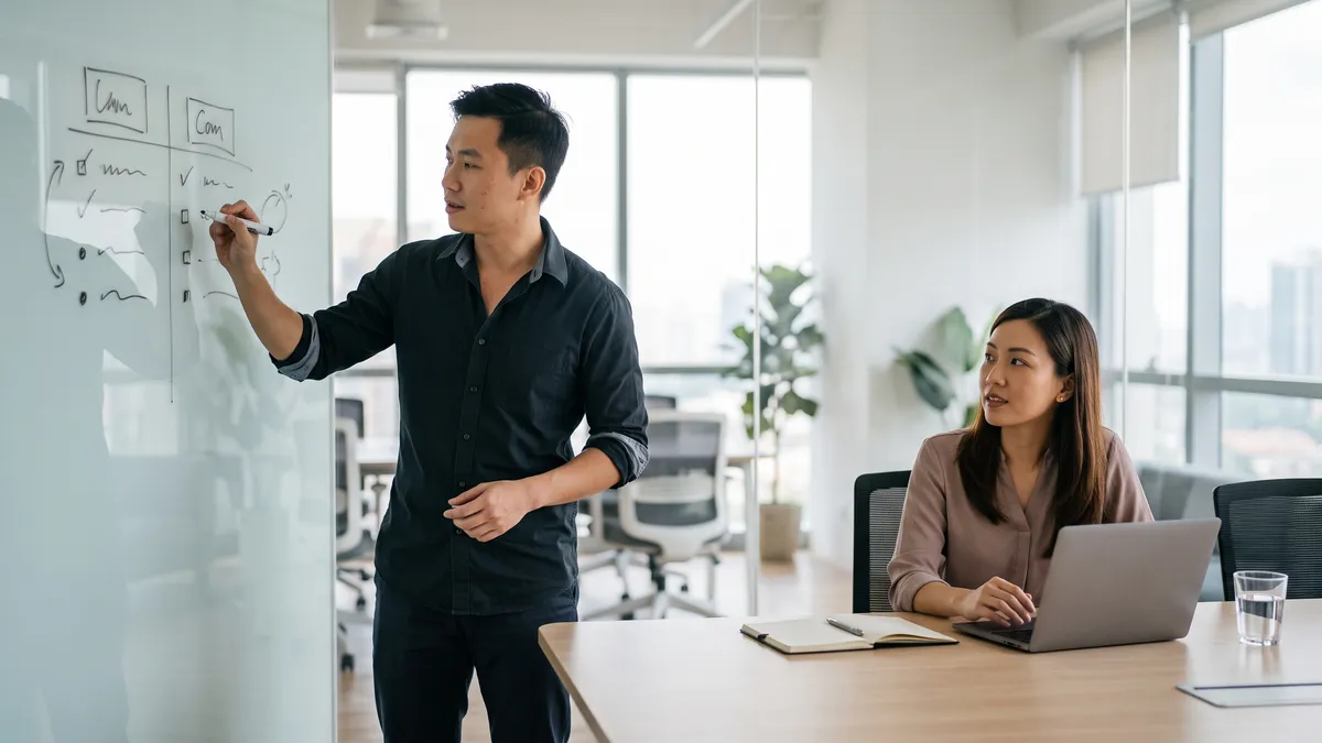 Two marketers comparing SEO and SEM on a whiteboard in a meeting room