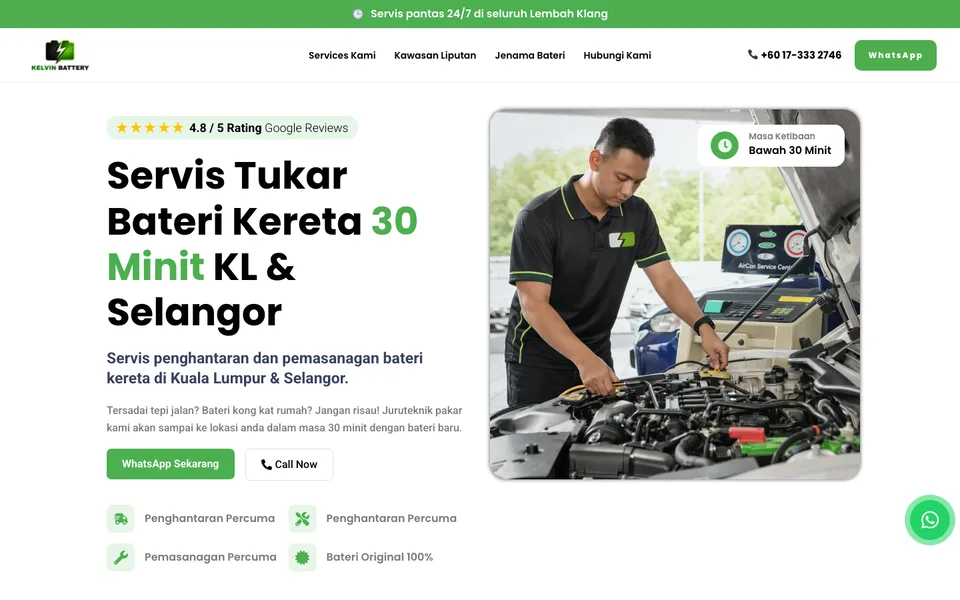 Website design for Kelvin Battery, car battery replacement in Malaysia