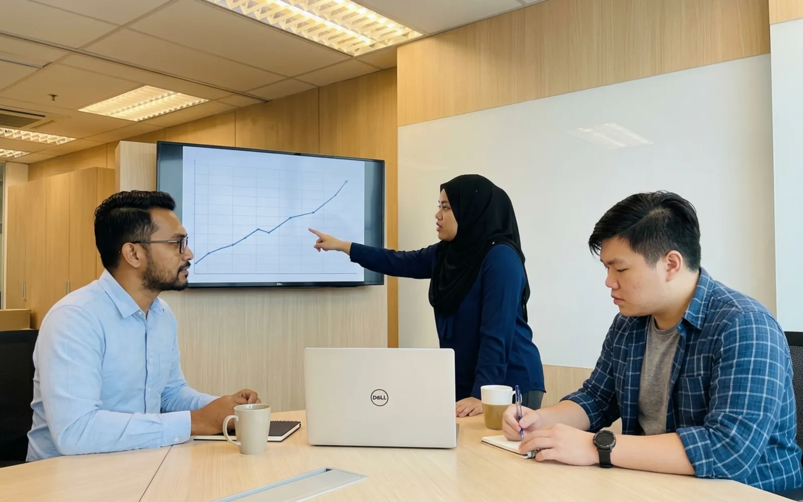 Team reviewing a growth chart in a meeting room